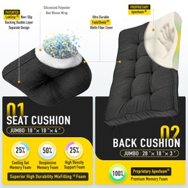 SUNROX Memory Foam Jumbo Rocking Chair Cushions, FadeShield Water Resistant Non Slip Durable Tufted Pads, Set of Seat & Back Cushion with Ties for Indoor/Outdoor Rocker, 2 Piece, Midnight