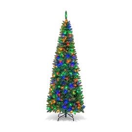 HAPPYGRILL 7.5 Feet Pre-Lit Pencil Christmas Tree, Full Artificial Tree with 1085 PVC Branch Tips & 350 Multi-Colored LED Lights, Hinged Xmas Tree for Home Shop Carnival