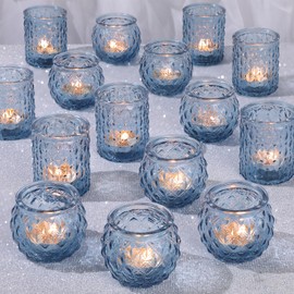 DARJEN Blue Votive Candle Holders Set of 36- Round Candle Holders Bulk, Glass Candle Holder for Wedding Home Decoration, Tea Lights Candle Holders for Wedding Shower, Party & Gift