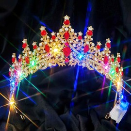 Lorealri Light Up Crystal Crown Headband, Silver,with Comb, Wedding Bridal Prom Birthday Rhinestone Headwear Accessories for Women (Gold-Red, One Size)