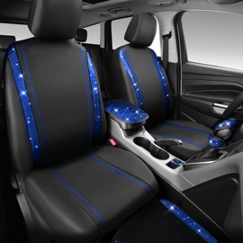 CAR PASS 23 PCS Bling Diamond Car Accessories Set for Women, Leather Seat Covers Full Set Sparkly Rhinestone15'' Steering Wheel Covers Shining Diamond Floor Mats Cute Car Interior Sets,Blue