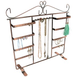 LAUBLUST Jewellery Stand for Earrings, Necklaces & Bracelets - Approx. 35 x 34 x 11 cm, Copper - Decorative Metal Jewellery Holder 4 Double Shelves & Hooks | Jewellery Storage | Earring Stand | Chain