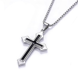 LUSKINNO Traditional Men's Titanium Steel Cross Necklace, Black Bright Cross Pendant with 2.23 FT Keel Chain, Waterproof Anti-Tarnish Anti-Deformation Accessory
