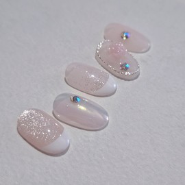 Rose Glam Handmade Nail Tips Rose Parts Stone Nails - Coffin Midi / 로즈글램 수제네일팁 로즈파츠 스톤 네일 - 코핀미디