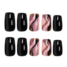 MISUD Press on Nails Short Square Fake Nails Glossy Glue on Nails Black Brown Ombre Acrylic Nail Supplies Squoval Artificial Nail Art Bling Glitter Stick on False Nails with Design DIY 24 pcs