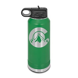 Colorado C Logo Shaped Laser Engraved Water Bottle Customizable Polar Camel Stainless Steel with Straw - CO Denver Boulder Fort Collins Shape Flag Green 32 oz