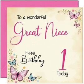 1st Great Niece Birthday Card - Beautiful Butterfly Floral Great Nieces Birthday Card for 1 Year old Kids Baby One, first
