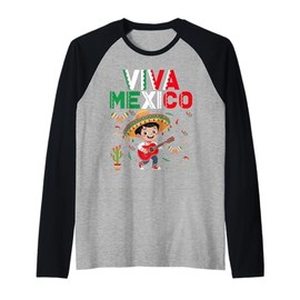 Viva Mexico Mexican Poncho Boy Independence Day Flag Guitar Raglan Baseball Tee