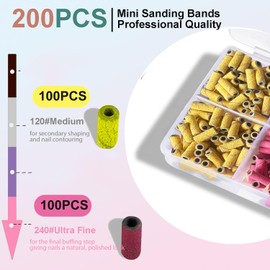 200Pcs Nail Drill Bits Small Sanding Bands with 3.1mm Mandrel Bit, 120 240 Fine Grit Nail File for Acrylic Nails Gel Manicures and Pedicure.