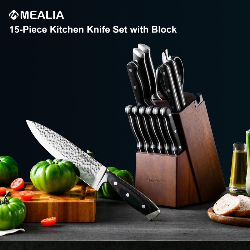 Mealia Kitchen Knife Set with Block, 15-Piece Professional Stainless Steel