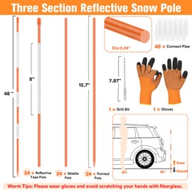 Qinzave 24 Pack Reflective Driveway Markers Fiberglass Snow Stakes with Reflective Tape, 48" Orange Snow Sticks for Driveway with Drill Bit Gloves Snow Pole Markers for Parking Lots Walkway Rods Edge