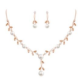 EVER FAITH CZ Crystal Elegant Leaf Vine Cream Artificial Pearl Pendant Jewellery Set Brown Rose Gold Tone, Cubic Zirconia, Cubic Zirconia