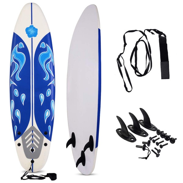 GYMAX Surfboard, 6' Body Board with Removable Fins & Protective Leash, Non-Slip Surfing Board for Surfing, Fishing Water Yoga