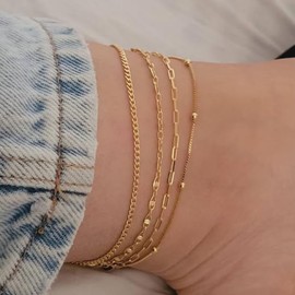 MOZAKA Gold Ankle Bracelets for Women, 14k Gold Plated Waterproof Cuban Link Chain Anklets Set, Layered Anklet Bracelets for Women Adjustable Size Beach Gift