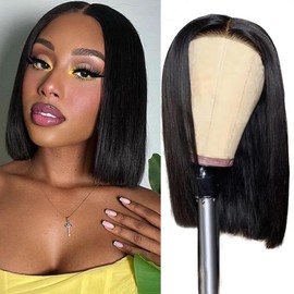 Glueless Wigs Human Hair Pre Plucked Pre Cut Wear and Go Bob Wig Ready to Wear 4x4 Lace Closure Wig 180% Density Short Straight Bob Wigs for Black Women Natural Color (Glueless Wig, 10inch)