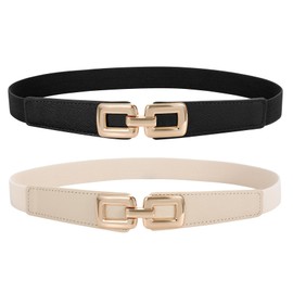 TRIWORKS 2 Pack Women Skinny Elastic Waist Belt for Dress Ladies Thin Stretch Belt with Gold Buckle,Black+Beige