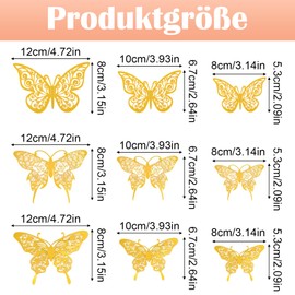 3D Butterflies Gold Metallic Decoration, Pack of 36 Butterfly Decoration Wall Stickers for Girls Kitchen Window Furniture Wedding Party Wall Table Decoration Gifts Living Room Children's Room Wedding