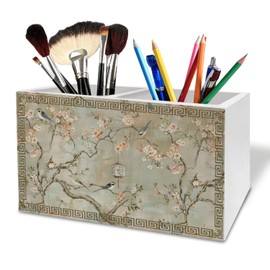 HYKDFMNCJ Vintage Chinoiserie Cherry Blossom Bird Pen Holder for Desk, Cottagecore Floral Botanical Wooden Box Sign Desk Decor for Home Office Decoration, Oriental Flower Pencil Organizer