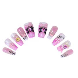 PN-012 Press-On Nails Lacquered Pack of 10 Reusable False Nails Y2K Pastel Goth Monster Eye Pink