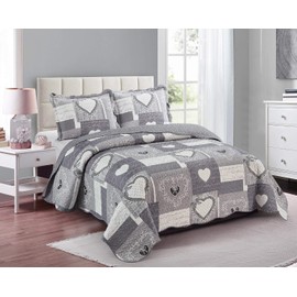 Brilliant Sunshine Grey Heart Love Patchwork, 3-Piece Quilt Set with 2 Shams, Reversible Bedspread, Soft Lightweight Coverlet, All-Season, Full/Queen, Grey