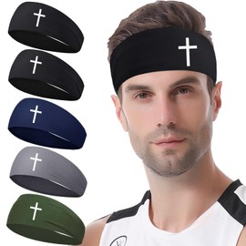 5 Pcs Christian Cross Sweat Bands Headbands Men Jesus 3 Nails Crosses Headband for Men Women Christ Faith Sport Sweatbands Workout Sweat Band Mens Cooling Head Band for Running Hairband Yoga Athletic