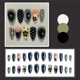 ONPRESS 24Pcs Gothic Press on Nails Medium Almond Fake Nails Black Flower Ombre Full Cover False Nails Silver Star Moon Acrylic Stick on Nails White Dots French Tip Glue on Nail for Women
