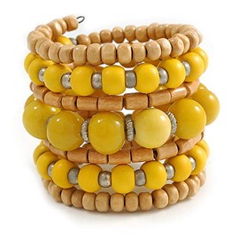 Avalaya Wide Coiled Ceramic, Acrylic, Wood Bead Bracelet (Yellow/Natural) - Adjustable
