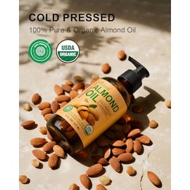 Yoken Organic Almond Oil 8 fl oz, USDA 100% Pure Natural Cold Pressed Almond Oils in Glass Bottle, Moisturizing Carrier Oil for Face, Hair & Body - Ideal for Skin Care, Soothing Massage & DIY Beauty