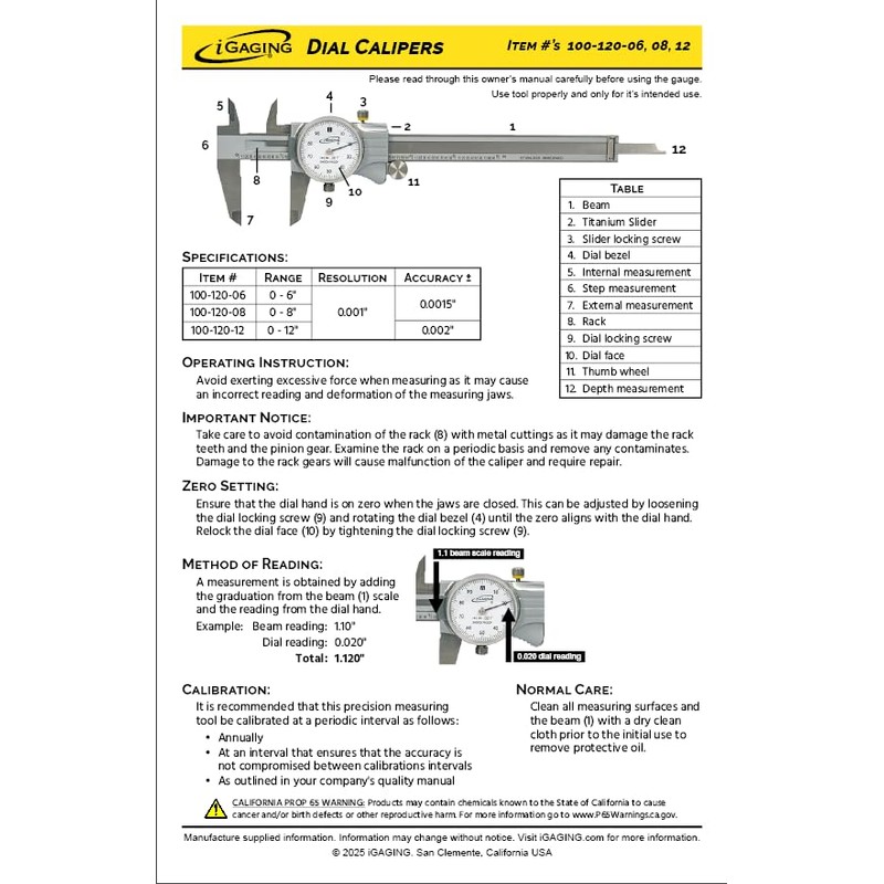iGAGING Premium Movement Dial Caliper 0-6"/0.001" Supreme Precision Maximum Shock