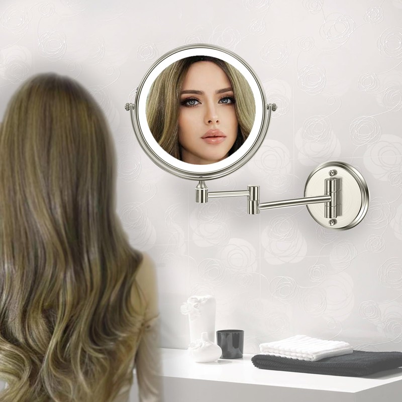 Rechargeable Wall Mounted Makeup Mirror with Lights, 8 Inch Double-Sided