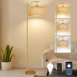 ZECOXOL Gold Floor Lamps for Living Room Rattan Boho Floor Lamp with Remote Control & 3 Color Temperature,Dimmable Arc Floor Lamps Brass Standing Lamp Tall Floor Lamp for Bedroom Living Room Corner