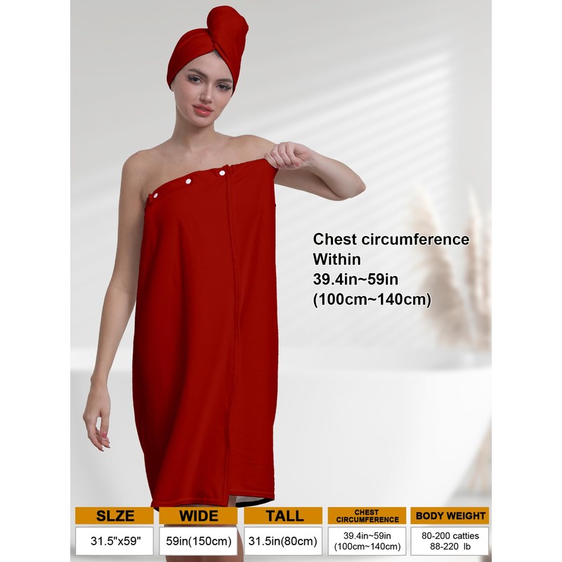 Women's Bath Towel Wrap Set with Hair Turban, Red, Microfiber,
