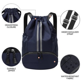 CHEPULA Drawstring Gym Bag, Large Sports Backpack String Swim Drawstring PE Bags for Women Men, Travel Beach School Bag with Waterproof navy…