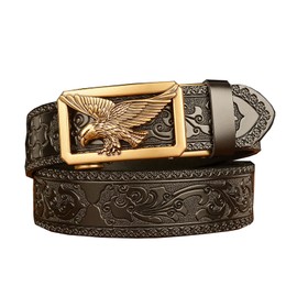 Lyqqine Men's Ratchet Leather Belt 3D Dragon Engraved Vintage Western Cowboy Leather Black Ratchet Belt for Men Eagle Belt, Grass Carving Eagle Black, Medium