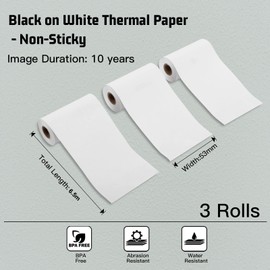 Memoking T02/M02X/M02L White Thermal Paper - 10 Years Non-Sticky 53 mm x 6.5 m for Journal Photo Texts Study Notes and More, 3 Rolls