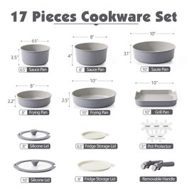 SENSARTE 17 Piece Ceramic Pots and Pans Set, Nonstick Detachable Handle Cookware, Induction Kitchen Cookware Set with Removable Handle, Dishwasher ＆ Oven Safe, PFAS/PTFE/PFOA Free (Gray)