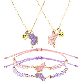 Larrel 2PCS Butterfly Friendship Necklaces and Bracelets, Friendship BFF Necklace and Bracelets, Butterfly Matching Necklace and Bracelet for Best Friends, Friendship-Gift Set (Pink + Purple)