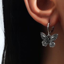 Atentuyi Butterfly Earrings Silver Hoop Earrings Butterfly Dangle Drop Earrings Hip Hop Vintage Earrings Pierced Earrings Boho Jewelry for Women and Girls