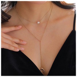 Iaceble Boho Layered Moon Y Lariat Necklace Gold Floating Pearl Choker Necklace Long Crescent Y Drop Necklace Half Moon Y Necklace Chain Jewelry for Women and Girls