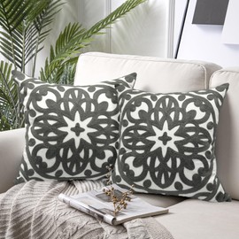 Alysheer Embroidered Decorative Throw Pillow Covers 18"x18" Set of 2 Pieces, Classic Boho Mandala Knit Pattern, Durable Cotton Canvas Cozy Gray Cushion Cases for Sofa Couch Living Room(Grey)