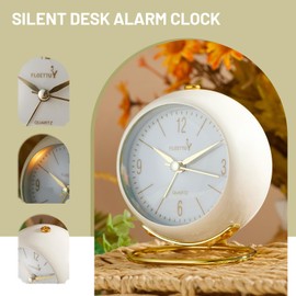 FLOITTUY Silent Table Analog Alarm Clock No Ticking, Lighted on Demand and Battery Operated, Beep Sounds, Small Desk Clock(White)