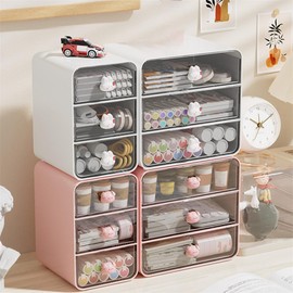 Cosmetic Storage Box, Makeup Organizer, Plastic Cosmetic Organizer, Bathroom Organization Boxes, Desk Organizer with Drawer,Desktop Storage Box,Stackable Clear Makeup Holder (Big Pink)