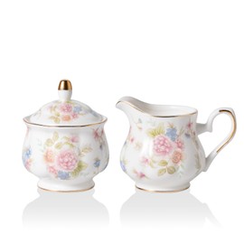 Sweejar Home Royal Ceramic Sugar and Creamer Set, 3 Piece Set with Cream Pitcher, Sugar Bowl, Sugar Set with Lid & Spoon, Coffee Serving Set Wedding Gift (Small Flower)