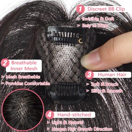 Datanala 100% Real Human Hair 360° Cover French Bangs In Clip Dark Brown Bangs Human Hair Clip Hairpieces with Temples Women Air Thinning Curtain Daily Wear