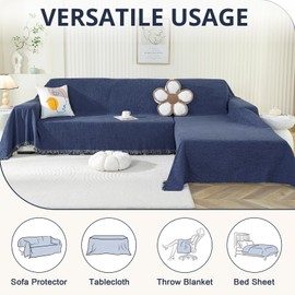 Royhom Sectional Couch Covers 2 Pieces, L Shaped Couch Cover Blanket, Chenille Sofa Covers Washable, Sofa Slipcover with Tassel, Suitable for All Seasons (71"x118"+91"x134", Navy Blue)