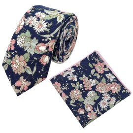 DB Dickie Bow Mens Luxury Cotton Floral Slim Tie & Pocket Square Blue & Pink Floral Tie Length 145cm Pocket Square: 23cm x 23cm, Blue and pink with floral pattern
