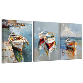 LUNGHANARTS Wall Art Painting Small Boat Coastal Scenery Modern Decor oil painting Abstract Canvas Prints for Living Room Bedroom Kitchen Home and Office Wall Decor12x16Inch Set of 3