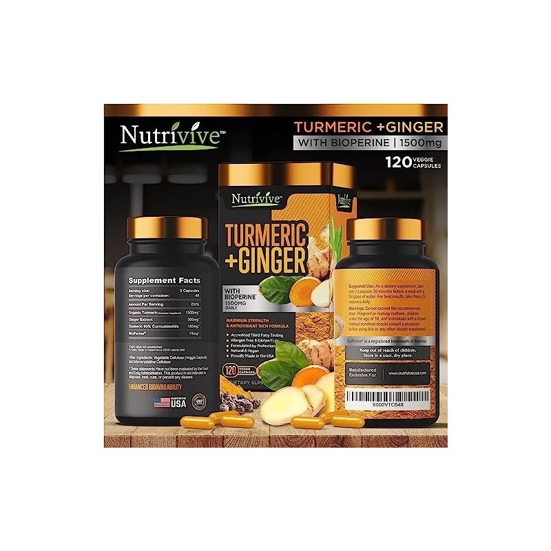 Nutrivive Turmeric Curcumin w/Ginger BioPerine 1500mg Blk Pepper 120 Caps-X-9/26