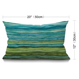 Watercolor Cushion Cover,Stripped Waves Blue and Green Paint Brush Gradient Marine Sea Splash Cotton Linen Throw Pillow Cover Cushion Cover for Sofa Home Decorative Oblong 30 x 50 cm 12x20 Inches