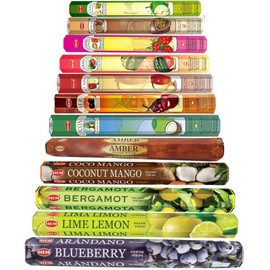 HEM Incense Sticks - 12 unique and premium fruity flavours - Such as but not limited to Blueberry, Coconut Mango, Watermelon, Coconut, Strawberry, Red Apple with SAMASIA incense holder